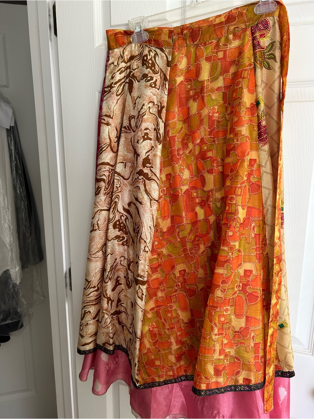 Boho Patchwork Midi Wrap Skirt in Orange, Pink & Tan